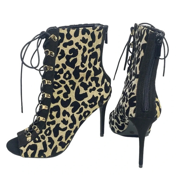 Anne Michelle Metallic Gold & Black Stiletto Heel Ankle Booties Lace Up Peep Toe - Picture 9 of 14